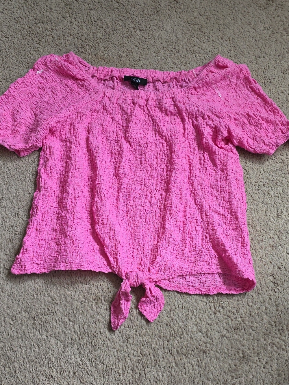 AGB Hot Pink Tie-Front Crinkle Off-Shoulder Crop Top